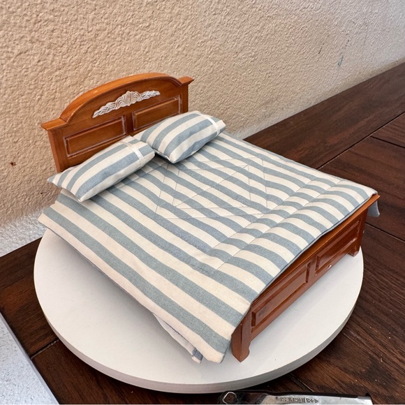 Other - Vintage dollhouse furniture wood bed frame bed blue and white stripe bedding